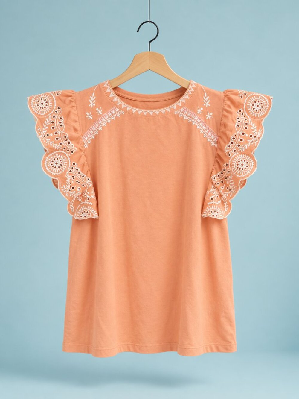 EASEL NWT Peach Orange Embroidered Flutter Sleeve Eyelet Top | Size Large Boho